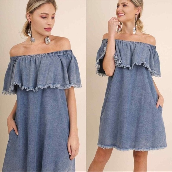 Umgee Blue Denim Fringed Ruffle Off Shoulder Dress Women’s Size Medium - Picture 1 of 10